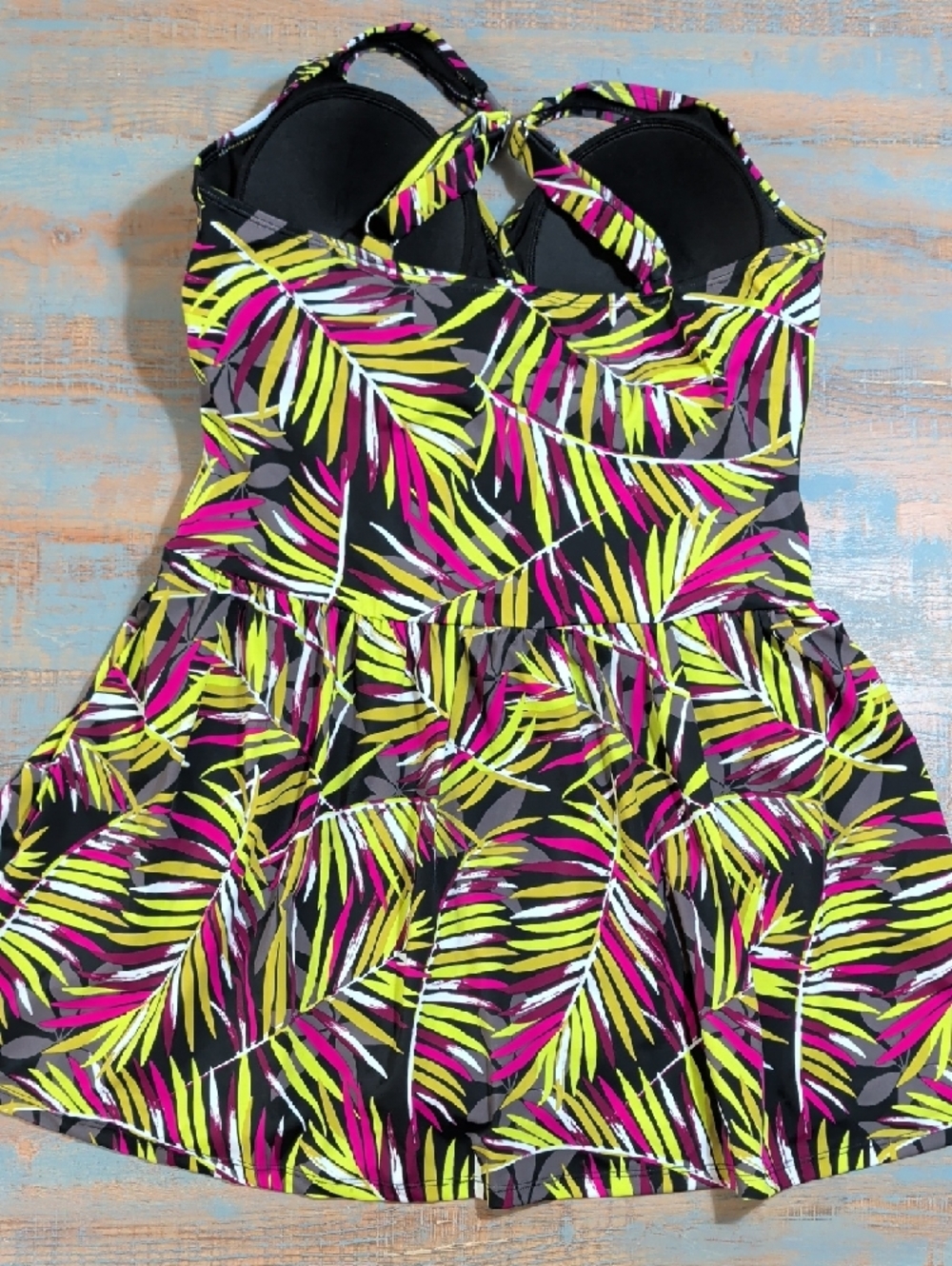 Denim & Co. Beach Ruched Flounce Tropical Yellow/Magenta Swim Dress (Size 14) - Picture 6 of 11